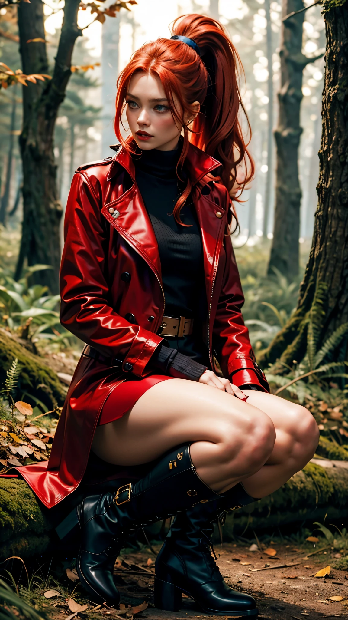A beautiful redhead with a ponytail, in elegant black boots, elegant, beautiful female red coat, red painted nails, blue eyes, Beautiful woman, sad, Forest, night