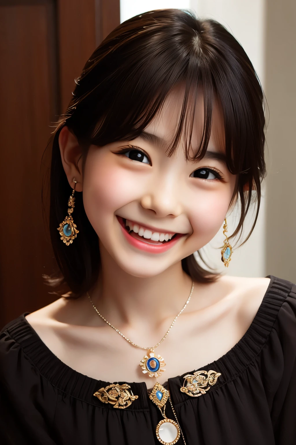 Masterpiece, Top Quality, (Dark Photo: 1.3), Photorealistic, Yuguo, Hanaran, Hanaran, 1 Girl, extra short hair, sidelocks-hair, smiling face, earrings, necklace, 15 years old