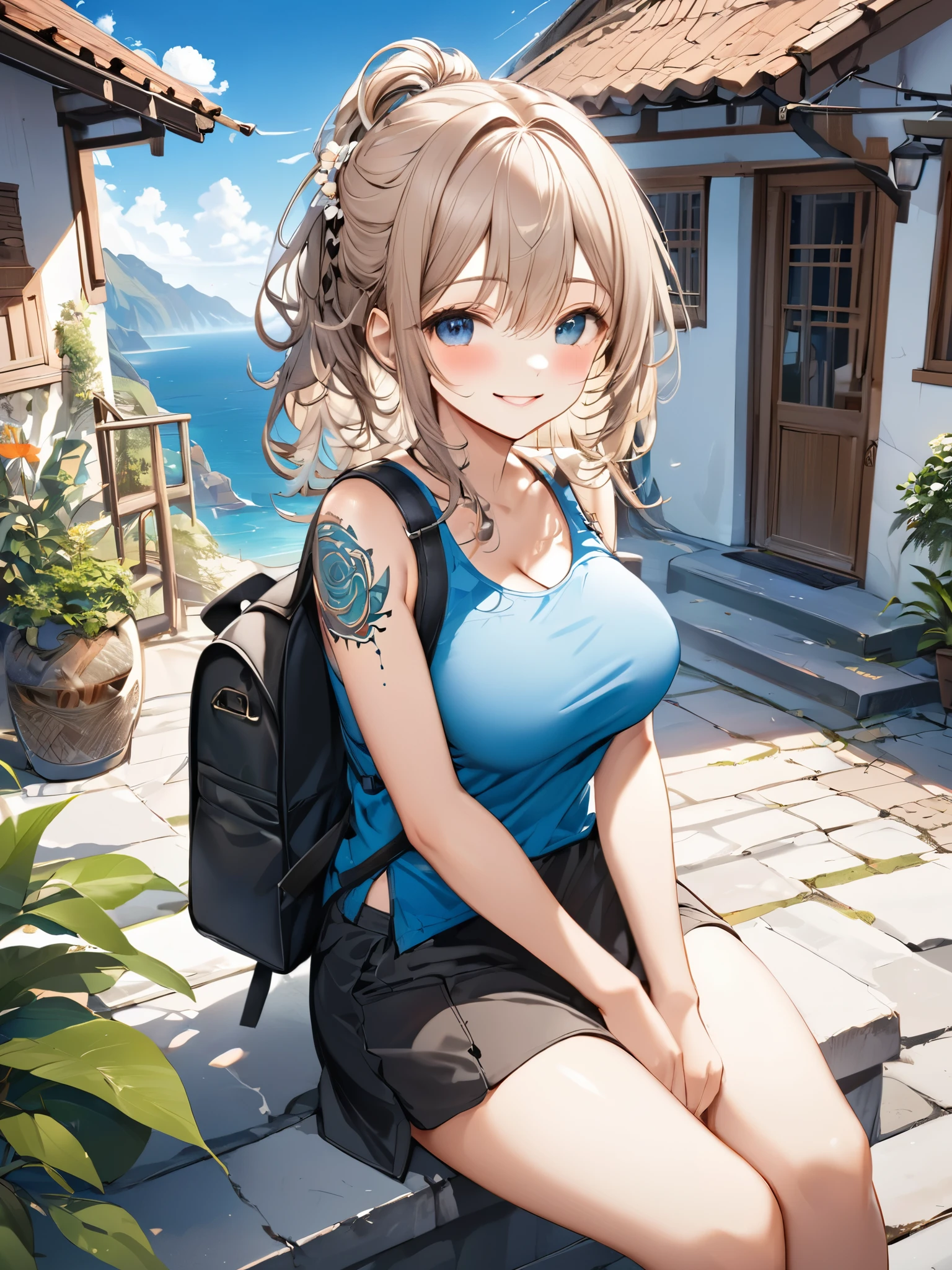 (best quarity,ultra detailed,ultra-high-resolution, 8k, masterpiece), from front, very-cute-and-beautiful-anime-girl,highly-detailed-face-and-eyes,smile, sitting on stone stairs, drinking caffee, tribal_tatoos, gradation hair, wavy hair, hairpins,big breast, windy, wearing stylish tanktop clothes, small backpack, plants, flowers, blue sky,