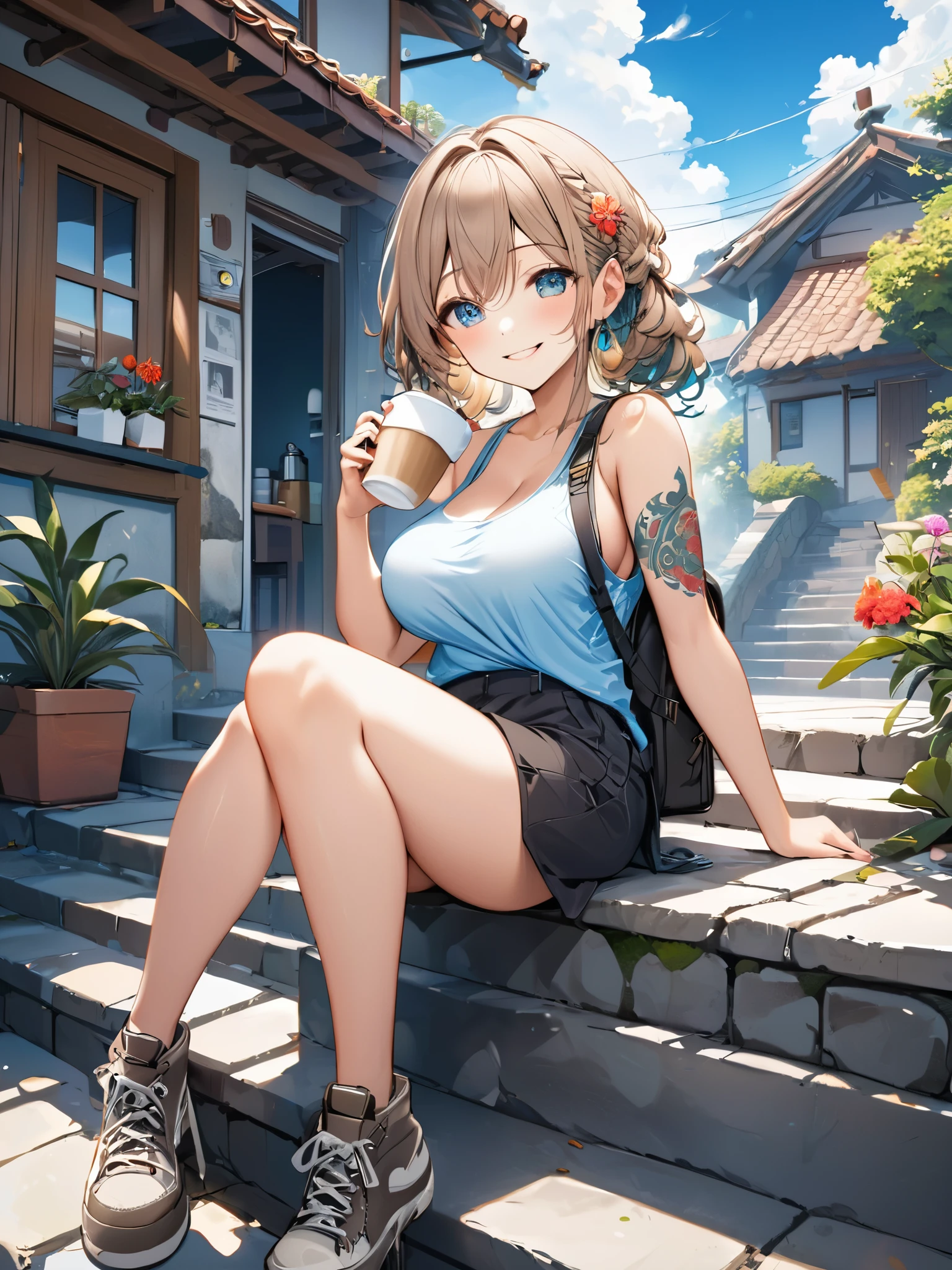 (best quarity,ultra detailed,ultra-high-resolution, 8k, masterpiece), from front, very-cute-and-beautiful-anime-girl,highly-detailed-face-and-eyes,smile, sitting on Long Staircase, drinking ice-coffee, tribal_tatoos, gradation hair, wavy hair, hairpins,big breast, windy, wearing stylish tanktop clothes, small backpack, plants, flowers, blue sky,