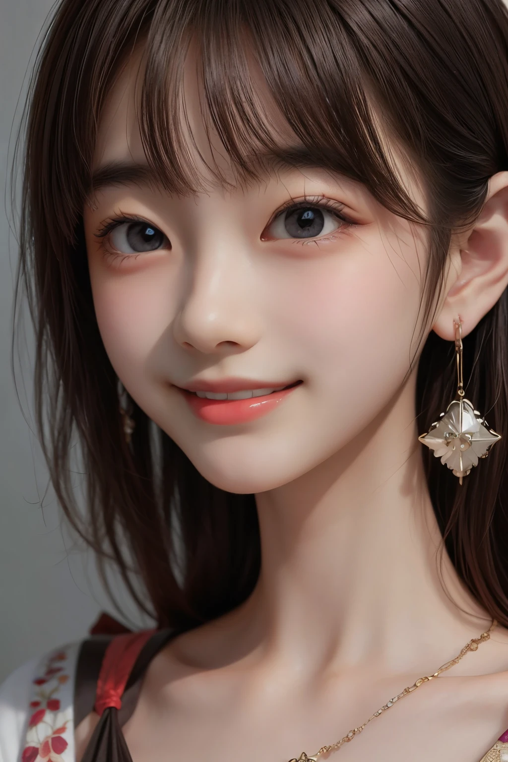 Masterpiece, Top Quality, (Dark Photo: 1.3), Photorealistic, Yuguo, Hanaran, Hanaran, 1 Girl, smiling face, earrings, necklace