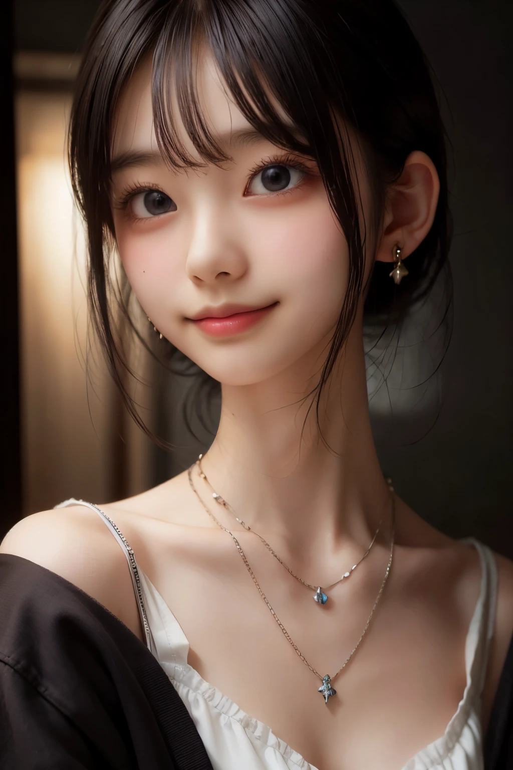 Masterpiece, Top Quality, (Dark Photo: 1.3), Photorealistic, Yuguo, Hanaran, Hanaran, 1 Girl, extra short hair, sidelocks-hair, smiling face, earrings, necklace, 