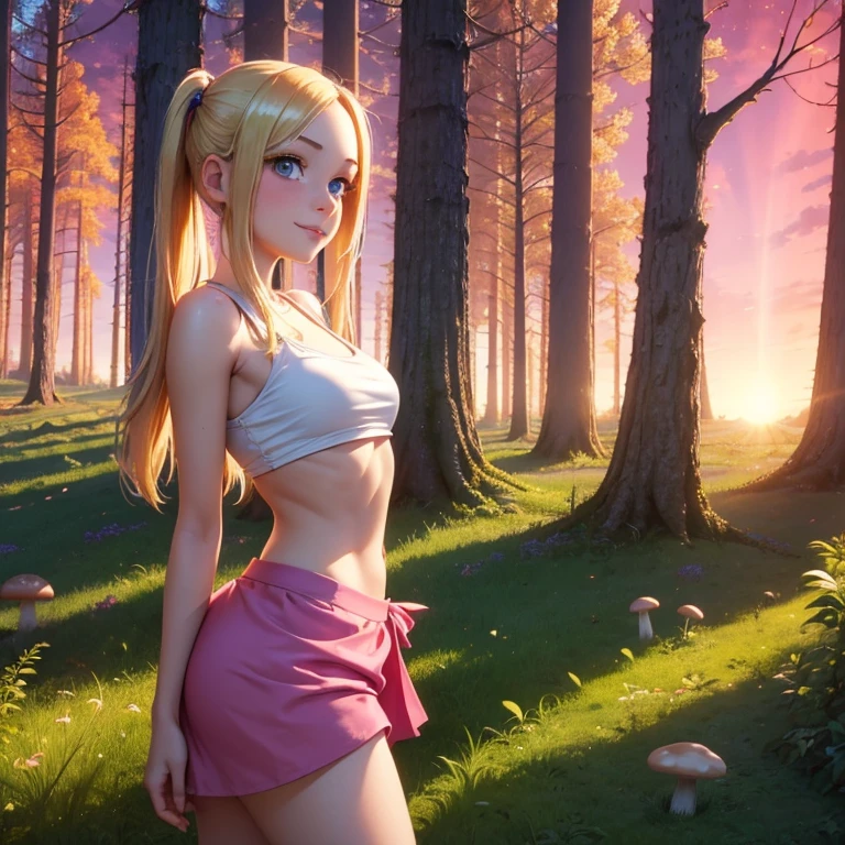 (masterpiece, best quality:1.4), (8K), Young blonde beauty, (((18 years old, neat girl))), detailed blue eyes, long eyelashes, blush, kind smile, upper body, crop top, underboob, sideboob, small ass, slender thin legs, pink skirt, (looking at viewer), beautiful blonde hair, white-skinned, long hair, bangs, pigtails (medium size breasts), (mushroom forest, celestial forest, beautiful and magnificent pink sunshine, majestic sky), colorful natural light)