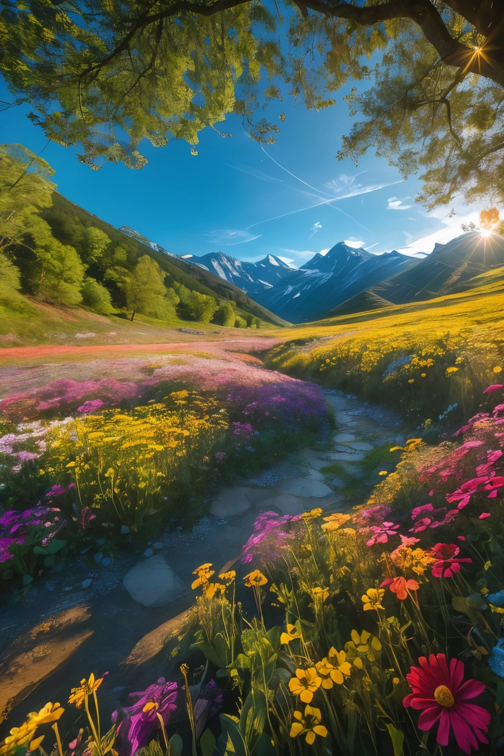 Embark on a vibrant journey through the Valley of Flowers, where hyper-realistic imagery brings nature's kaleidoscope to life in exceptional quality. The lush greenery, abundant with a myriad of colors, is beautifully rendered in every detail, from the intricately textured petals of each flower to the delicate play of light and shadow in the landscape.Every step reveals a new discovery, as the sun casts dappled light through the canopy, illuminating the vibrant hues of the wildflowers in a breathtaking symphony of color. The crisp air is alive with the sweet scent of blooming flowers, adding a sense of enchantment to