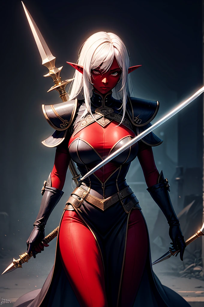 imagined a sfw dark persona curvy dominatrix dark elf queen black & red outfit holding a rapier sword, dark skin, sliver hair red eyes, spike, armor fantasy clothe