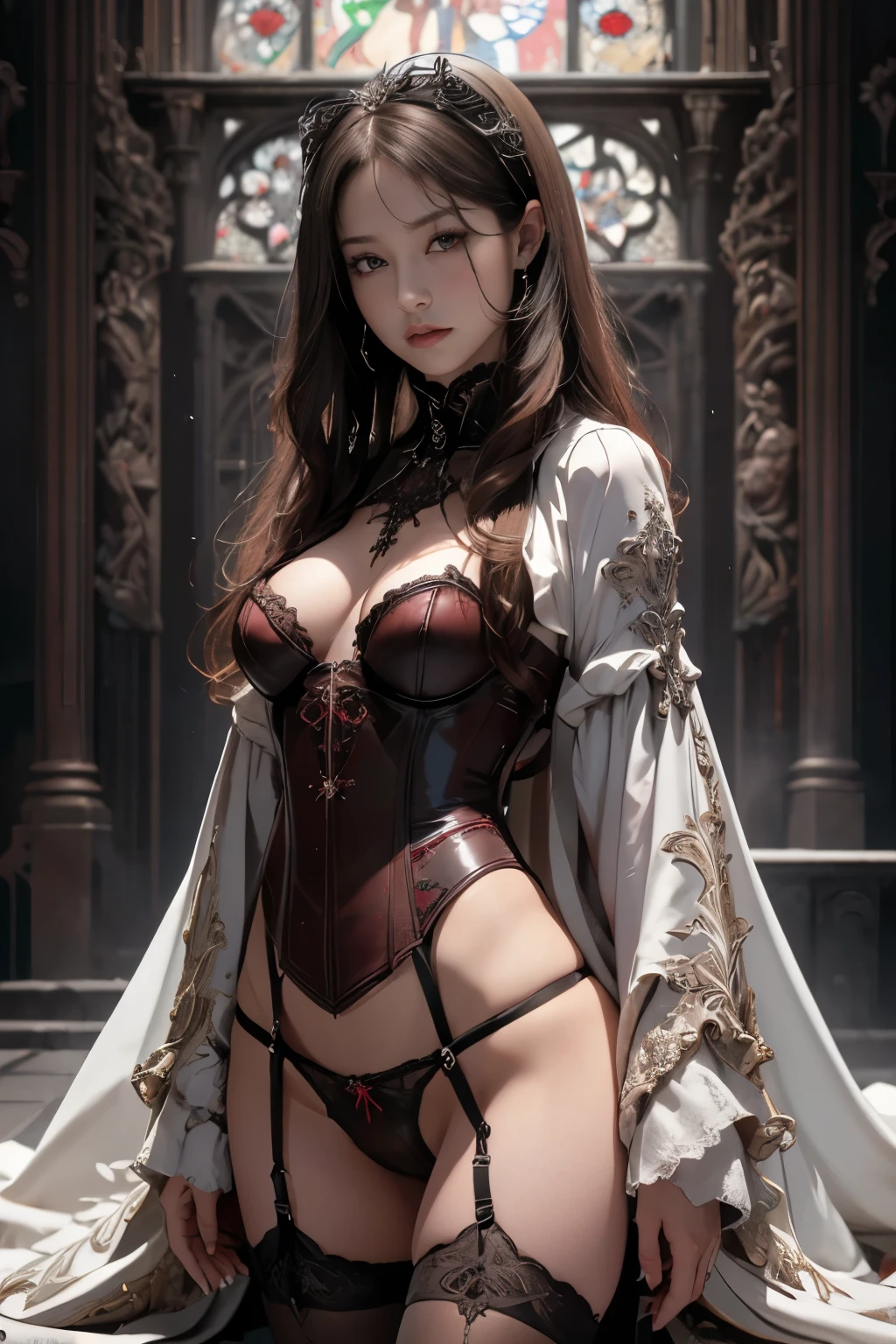 highest quality, masterpiece, Ultra-high resolution, (Reality: 1.9), (((Absolute full-length image,Front view))),Japan Maiden 、 ((Ultra-Realistic Details)) 、 Portrait 、 Global Illumination 、 Shadow 、 Octane Rendering 、 In 8K 、 Ultra Sharp 、 ( Crimson leather corset and panties、garter belt)、 ((Bondage and Gothic Lolita)) 、Intricate decorative details 、 Cool colors 、 Gothic Lolita details 、 Very intricate detail 、 Realistic Light 、 CG Trends、Sparkling Eyes、Facing the camera、Small breasts、Full body upright pose、The background is the cathedral
