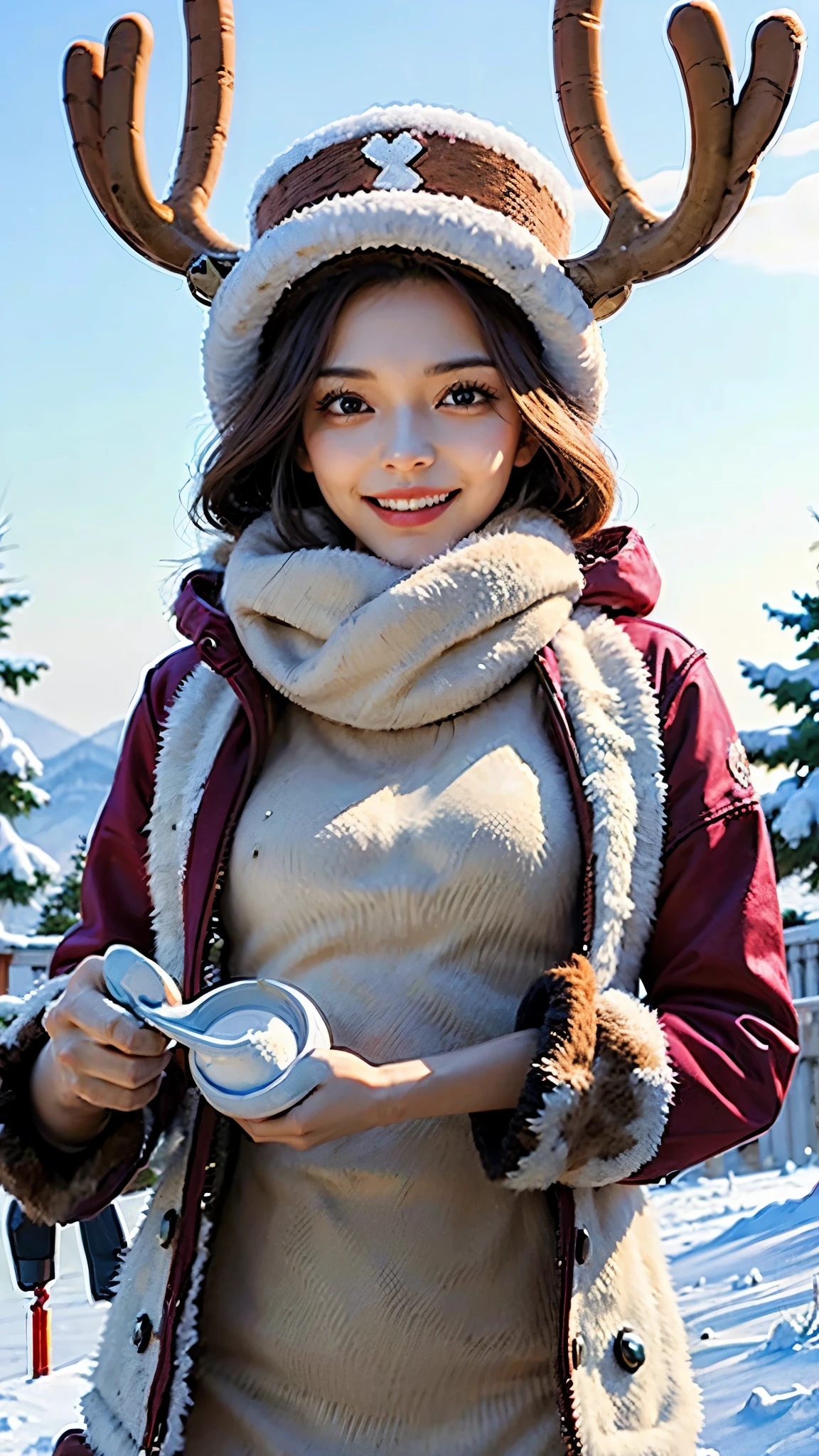   ((top quality, 8 thousand, masterpiece:1.3)),    One Piece Tony Tony Chopper,female version, smile, deer horns on head, fur scarf, snowy background, It snowed a lot,