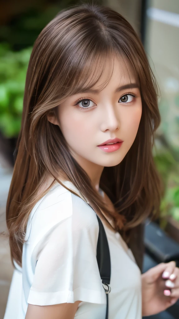 Best quality, 8k, ,Masterpiece :1.3)), facing viewer,((full body1.2)) ,pretty woman, wide shot ,1girl, , selfie , , Bench, brown hair , bangs,ultra-detailed face, highly detailed lips, detailed eyes, double eyelid