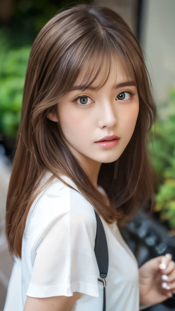 Best quality, 8k,  ,Masterpiece :1.3)), facing viewer,((full body1.2)) ,pretty woman, wide shot ,1girl, , selfie   , , Bench, brown hair  , bangs,ultra-detailed face, highly detailed lips, detailed eyes, double eyelid