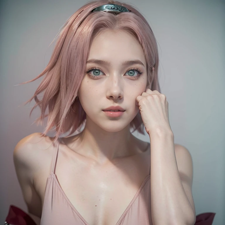 young woman, short shoulder-length pink hair, wide forehead, porcelain skin, pink eyebrows, big emerald green eyes, buttoned nose, full lips, heart-shaped face, slender body, small breasts, red tank top, Sakura Haruno , realistic, realism, details, 3d, well detailed