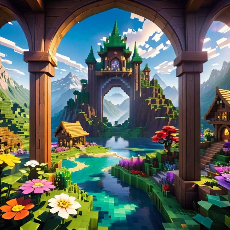 Minecraft style (Ultrarealistic:1.3), (distant shot through an ethereal arc:1.2) of a (big tall fairy cabin) with round windows, environmental artwork, environmental art, (elegant decorations), (mystical river), (beautiful:1.4), (attractive:1.3), epic snowy mountains, summer nature, blocky, pixelated, vibrant colors, (legendary angry dragon amidst the romantic sky:1.3), flowers