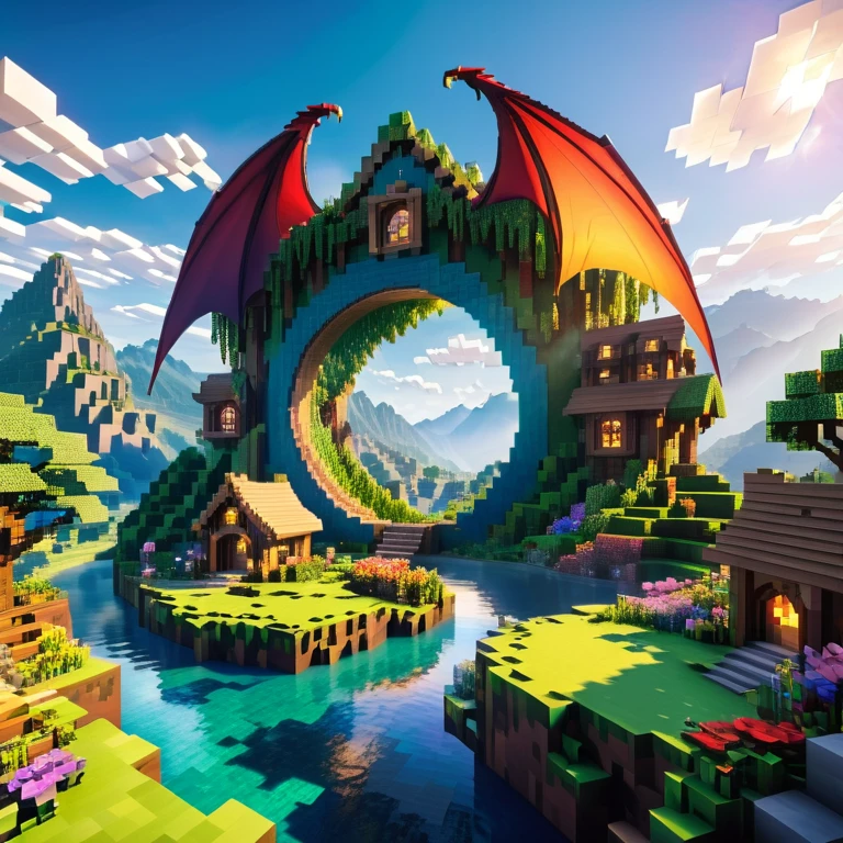 Minecraft style (Ultrarealistic:1.3), (distant shot through an ethereal arc:1.2) of a (big tall fairy cabin) with round windows, environmental artwork, environmental art, (elegant decorations), (mystical river), (beautiful:1.4), (attractive:1.3), epic snowy mountains, summer nature, blocky, pixelated, vibrant colors, (legendary angry dragon amidst the romantic sky:1.3), flowers