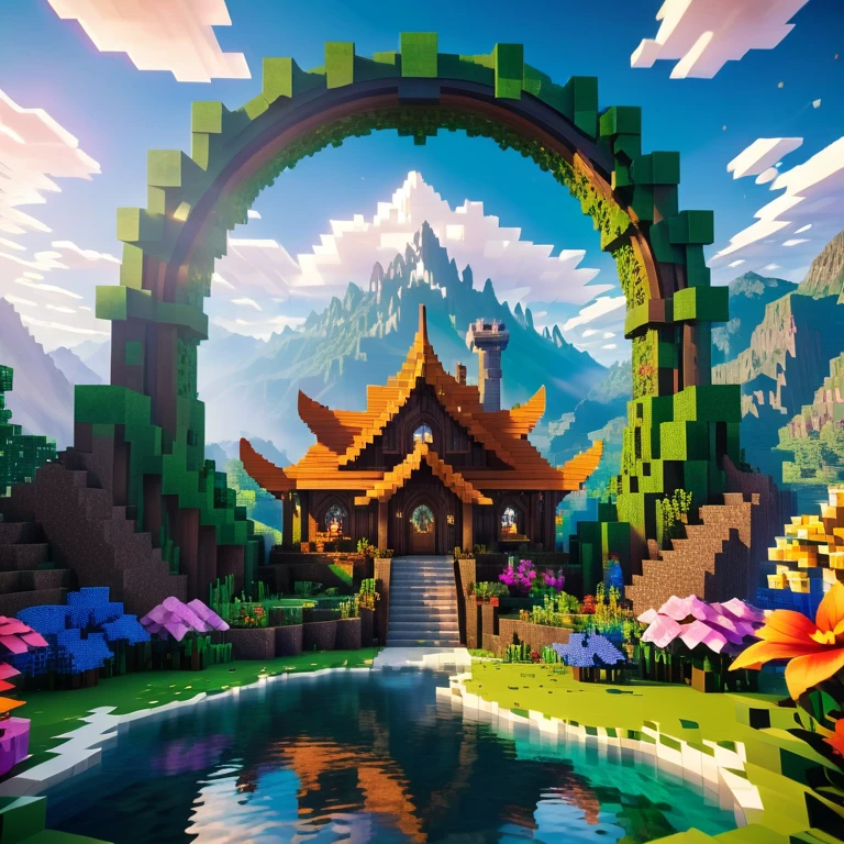 Minecraft style (Ultrarealistic:1.3), (distant shot through an ethereal arc:1.2) of a (big tall fairy cabin) with round windows, environmental artwork, environmental art, (elegant decorations), (mystical river), (beautiful:1.4), (attractive:1.3), epic snowy mountains, summer nature, blocky, pixelated, vibrant colors, (legendary angry dragon amidst the romantic sky:1.3), flowers