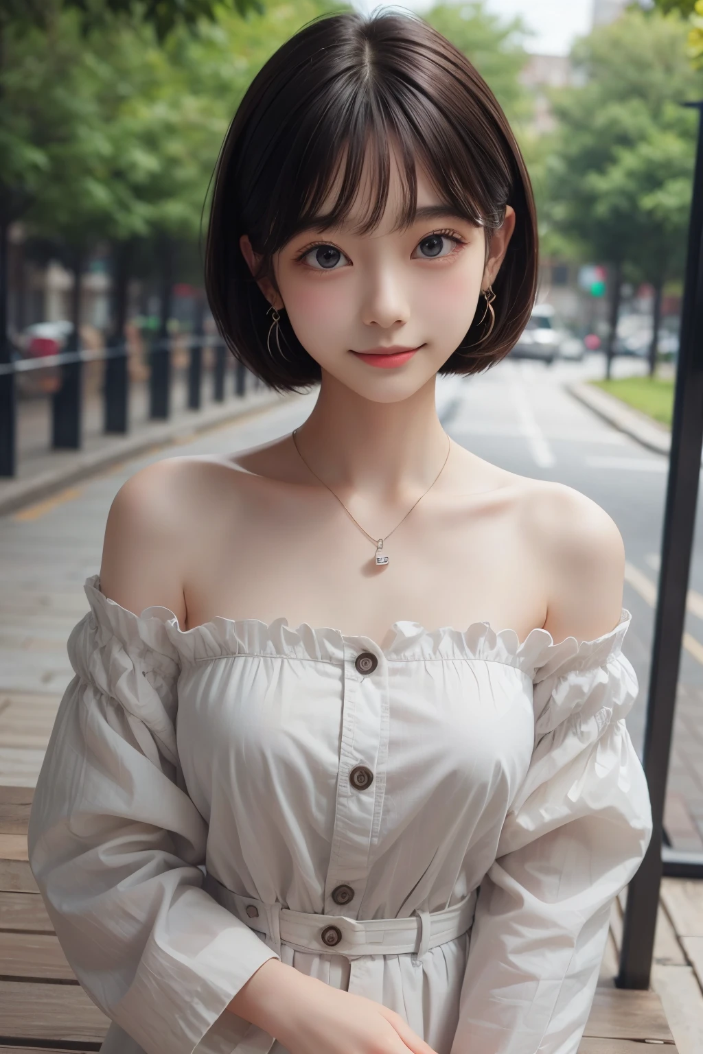 Masterpiece, Top Quality, (clear Photo: 1.3), Photorealistic, Yuguo, Hanaran, Hanaran, 1 Girl, extra short hair, sidelocks-hair, smiling face, earrings, necklace, 15 years old