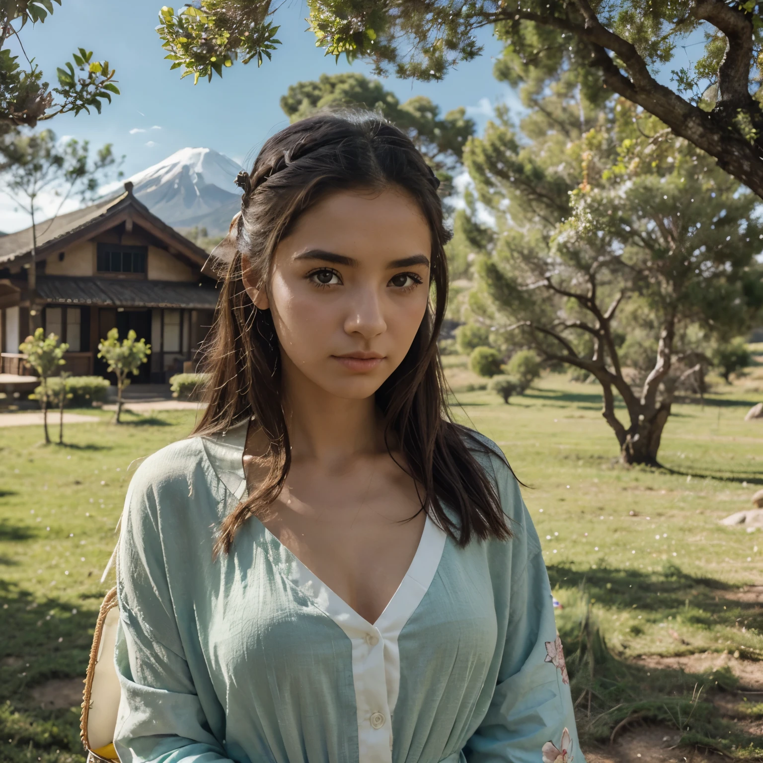 mejor calidad, Obra maestra, extremely detalleed, detalleed background, detalleed eyes, animado, 1 chica, ojos bonitos, chica joven, chica de pelo largo, cara expresiva, kimono, retro, paisaje del monte fuji, al aire libre, atardecer, cielo hermoso, picnic en el lago, paisaje, escenario, horizonte, mountain sitting near the mountain, viento, petalo de flor, primavera, mirando hacia otro lado, atmospheric lighting, reflection, naturalista, detalle, realism. relaxation, belleza, enfocarse solo, de cerca, de un lado, profundidad de campo, bokeh