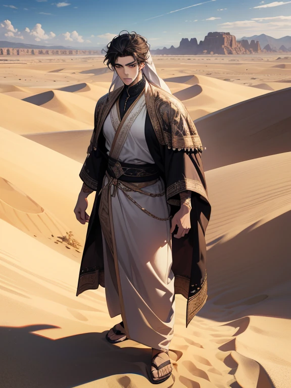 (absurdres, highres, ultra detailed), 1 male, adult, handsome, tall muscular guy, broad shoulders, finely detailed eyes and detailed face, desert, full body, middle eastern clothes, short black hair, brown eyes, focused on scenery, a guy starting journey