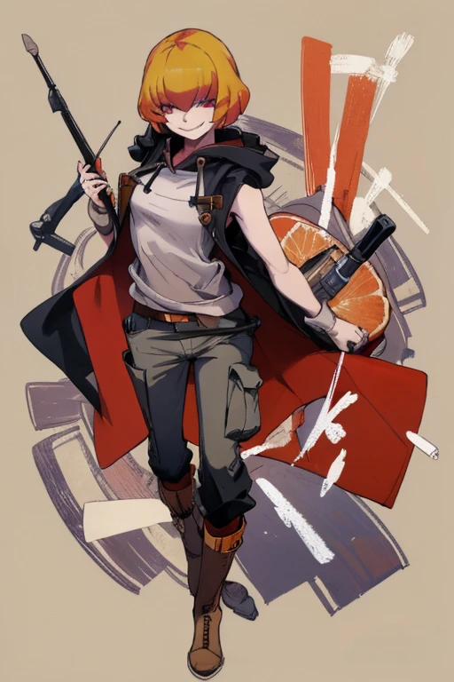 ((highest quality)), ((masterpiece)), (be familiar with),Clementine,Overload,{{nsfw}},Sleeveless hoodie,cargo pants,Bewitching Smile,whole body,boots,Long coat
