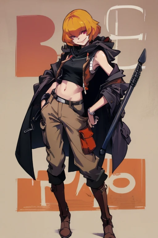 ((highest quality)), ((masterpiece)), (be familiar with),Clementine,Overload,{{nsfw}},Sleeveless hoodie,cargo pants,Bewitching Smile,whole body,boots,Long coat
