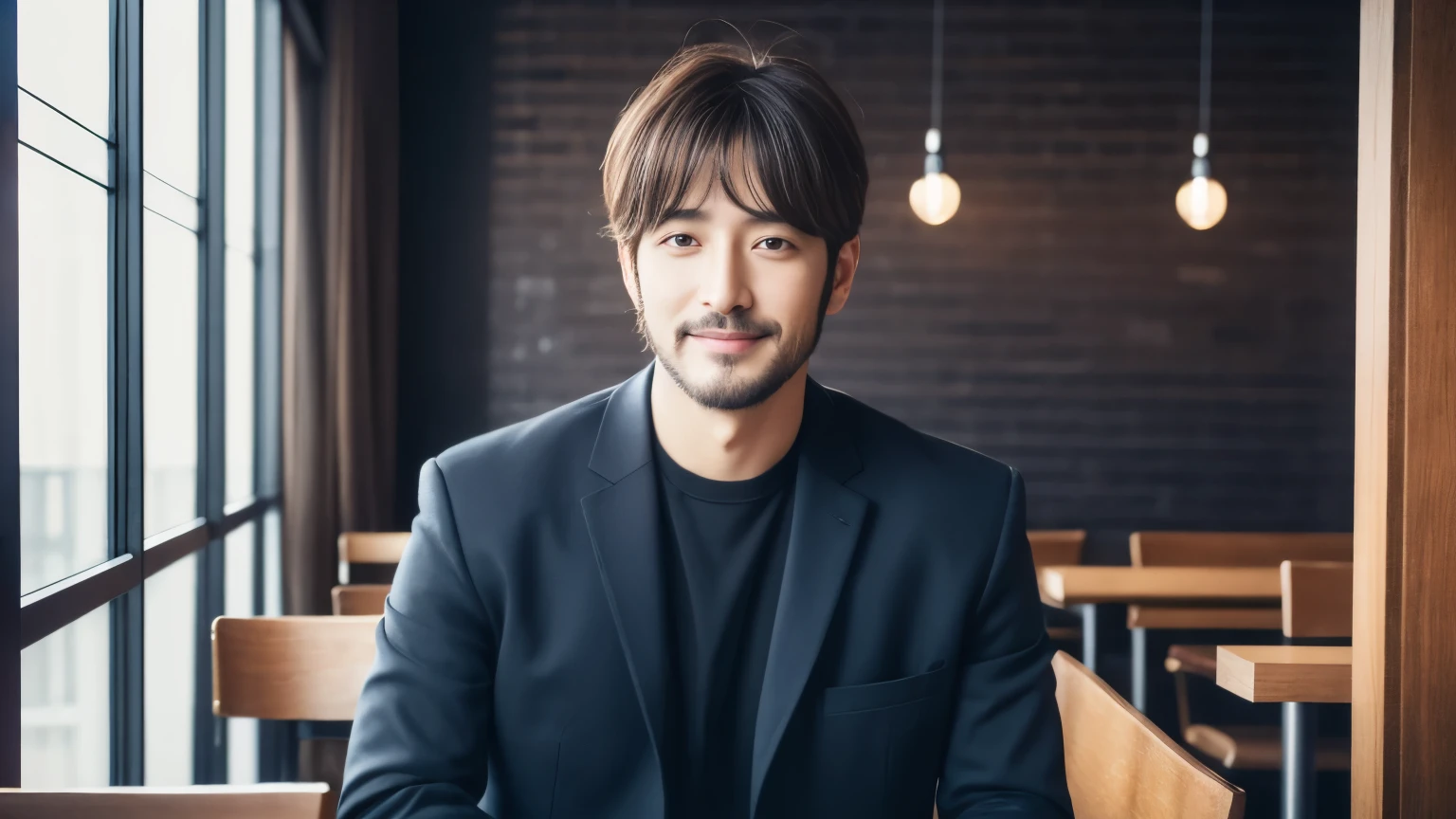 musician、A refreshing, handsome man in his 40s、（Super cool S-class guy）、Japanese Male, 40 years old、、Photographed inside the cafe、a handsome guy、（CG Unity 8K high resolution photo）、（Very detailedＳクラスのa handsome guy性）、（Realistic）、（highest quality））、Very detailed、super high quality、expensive、audience、kind person、Very beautiful hair　Perm Hair、Bright photo、Handsome like a model、Handsome like an idol、Looking at the camera、inside a stylish cafe、Stubble