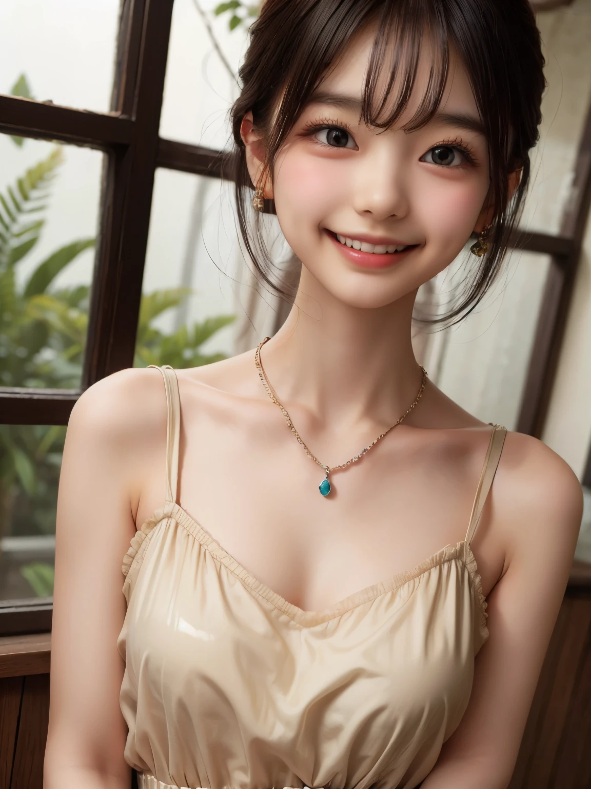 Masterpiece, Top Quality, (clear Photo: 1.3), Photorealistic, Yuguo, Hanaran, Hanaran, 1 Girl, extra short hair, sidelocks-hair, smiling face, earrings, necklace, 15 years old