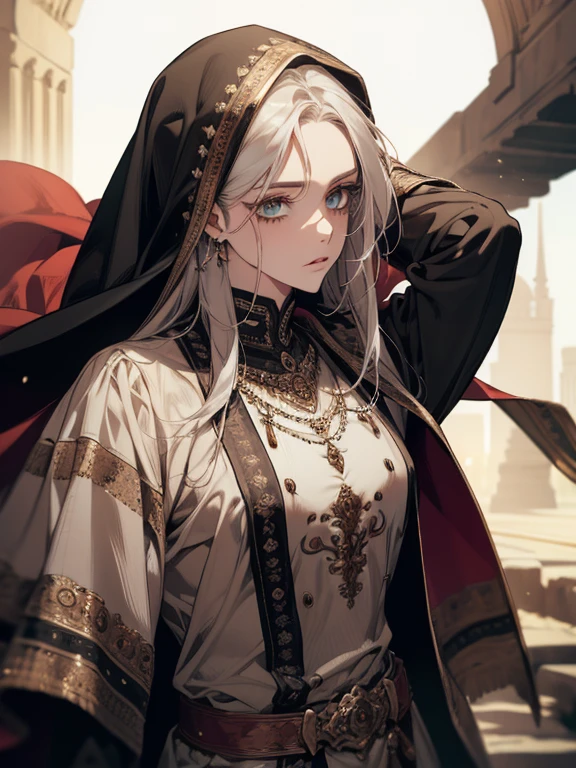 (absurdos, high resolution, ultra detalhado), 1 homem, adulto, bonito, cara alto e musculoso, ombros largos, olhos finamente detalhados e rosto detalhado, deserto, corpo todo, Middle Eastern clothing, cabelo preto curto, olhos castanhos, focused on the scene, a guy starting the journey