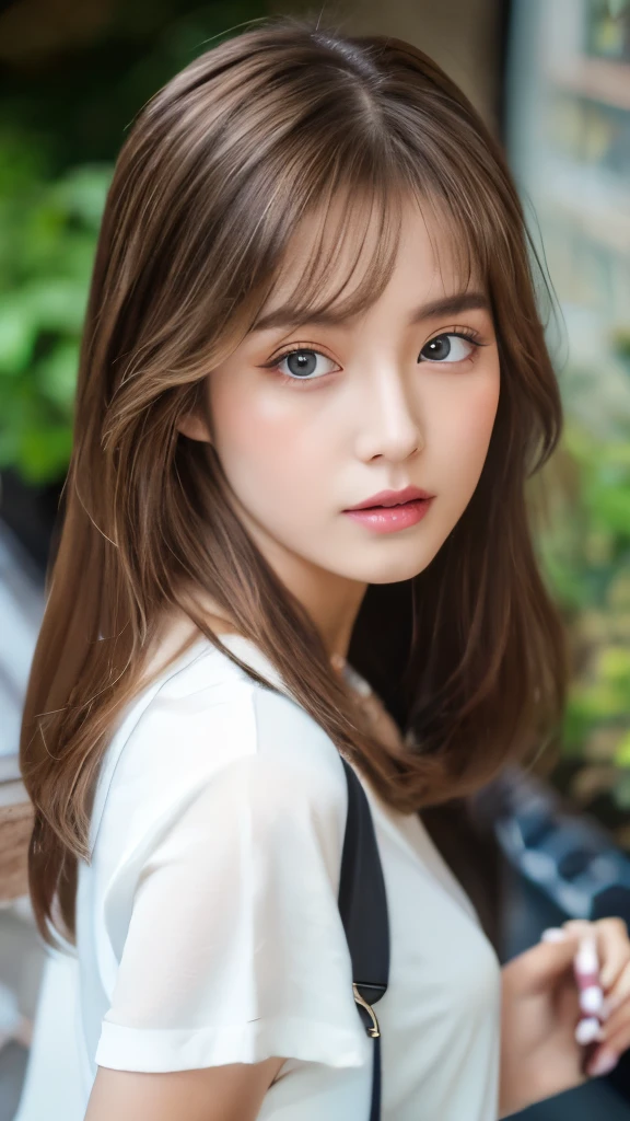 Best quality, 8k, ,Masterpiece :1.3)), facing viewer,((full body1.2)) ,pretty woman, wide shot ,1girl, , selfie , , Bench, brown hair , bangs,ultra-detailed face, highly detailed lips, detailed eyes, double eyelid