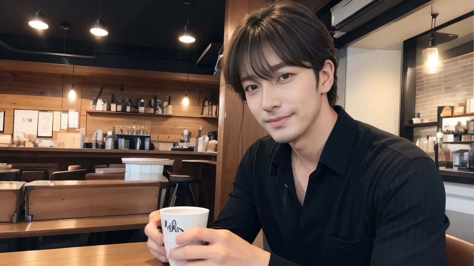 musician、A refreshing, handsome man in his 40s、(Super cool S-class guy)、Japanese Male, 40 years old、、Photographed inside the cafe、a handsome guy、(CG Unity 8K high resolution photo)、(Very detailedSクラスのa handsome guy性)、(Realistic)、(highest quality))、Very detailed、super high quality、expensive、audience、kind person、Very beautiful hair Perm Hair、Bright photo、Handsome like a model、Handsome like an idol、Looking at the camera、inside a stylish cafe、Stubble