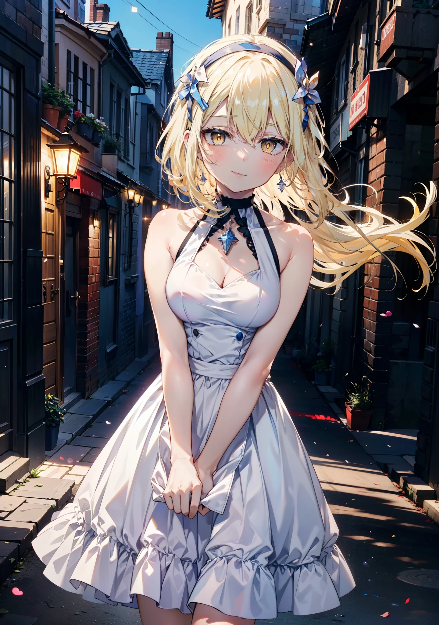 アイスWallenstein, Wallenstein, blonde, Hair between the eyes, hair band, Long Hair, (Yellow Eyes:1.5),happy smile, smile, Close your mouth,smile,blush,White sleeveless dress,Bare arms,Bare neck,Heart Pendant,Long skirt,Cute Sandals,Clear skies,歩いてるbreak looking at viewer,(Cowboy Shot:1. 5) break outdoors,Building district,In town, break (masterpiece:1.2), highest quality, High resolution, unity 8k wallpaper, (shape:0.8), (Beautiful and beautiful eyes:1.6), Highly detailed face, Perfect lighting, Highly detailed CG, (Perfect hands, Perfect Anatomy),