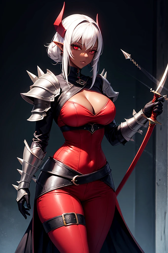 imagined a sfw dark persona curvy dominatrix dark elf queen black & red outfit holding a rapier sword, dark skin, sliver hair red eyes, spike, armor fantasy clothe