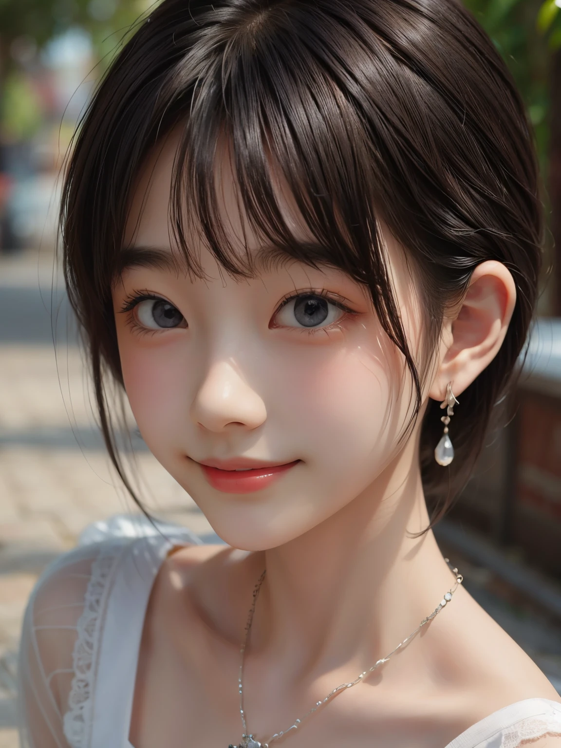 Masterpiece, Top Quality, (clear Photo: 1.3), Photorealistic, Yuguo, Hanaran, Hanaran, 1 Girl, extra short hair, sidelocks-hair, smiling face, earrings, necklace, 15 years old