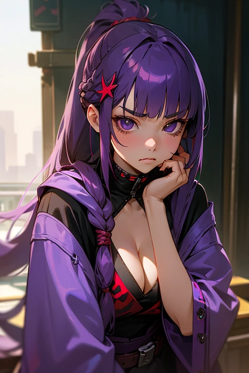 1 girl, Blunt bangs, Braiding, Wide sleeves, hair ornaments, Red Belt, (Purple Hair:1.2), Very long hair, Straight hair, Looking at the audience, Highly detailed background, (Realistic:1.2), Beautiful Eyes, Red eyeshadow, Written boundary depth，thigh, (Ulzzang-6500:0.7), Upper Body, (alone:1.2), (Cyberpunk City:1.1), Cleavage, Shiny skin、Sit at the bar counselor、Hair blowing in the wind、Please touch your cheeks with both hands...、Touching hair with both hands、ponytail、Angry face、