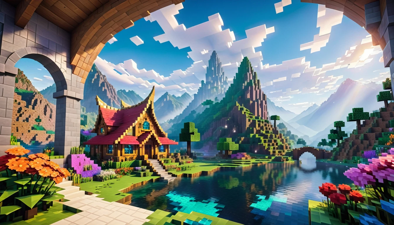 Minecraft style (Ultrarealistic:1.3), (distant shot through an ethereal arc:1.2) of a (big tall fairy cabin) with round windows, environmental artwork, environmental art, (elegant decorations), (mystical river), (beautiful:1.4), (attractive:1.3), epic snowy mountains, summer nature, blocky, pixelated, vibrant colors, (legendary angry dragon amidst the romantic sky:1.3), flowers