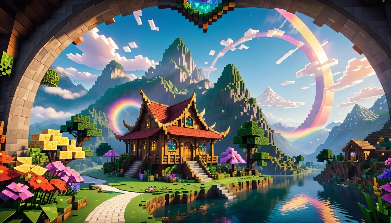 Minecraft style (Ultrarealistic:1.3), (distant shot through an ethereal arc:1.2) of a (big tall fairy cabin) with round windows, environmental artwork, environmental art, (elegant decorations), (mystical river), (beautiful:1.4), (attractive:1.3), epic snowy mountains, summer nature, blocky, pixelated, vibrant colors, (legendary angry dragon amidst the romantic sky:1.3), flowers