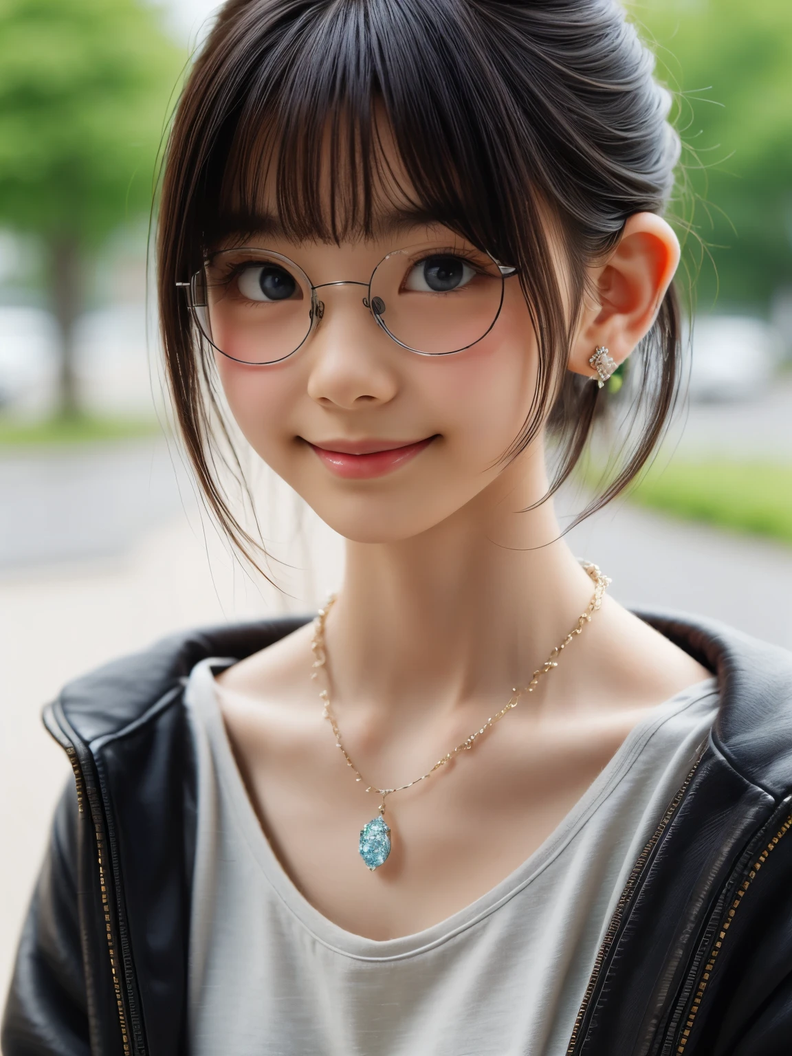 Masterpiece, Top Quality, (clear Photo: 1.3), Photorealistic, Yuguo, Hanaran, Hanaran, 1 Girl, extra short hair, sidelocks-hair, smiling face, earrings, necklace,
