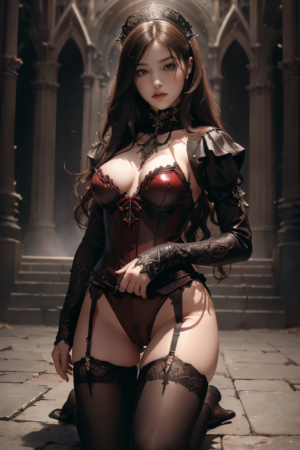 highest quality, masterpiece, Ultra-high resolution, (Reality: 1.9), (((Absolute full-length image,Front view))),Japan Maiden 、 ((Ultra-Realistic Details)) 、 Portrait 、 Global Illumination 、 Shadow 、 Octane Rendering 、 In 8K 、 Ultra Sharp 、 ( Crimson leather corset and panties、garter belt)、 ((Bondage and Gothic ta)) 、Intricate decorative details 、 Cool colors 、 Gothic Lolietails 、 Very intricate detail 、 Realistic Light 、 CG Trends、Sparkling Eyes、Facing the camera、Small breasts、Full body upright pose、The background is the cathedral