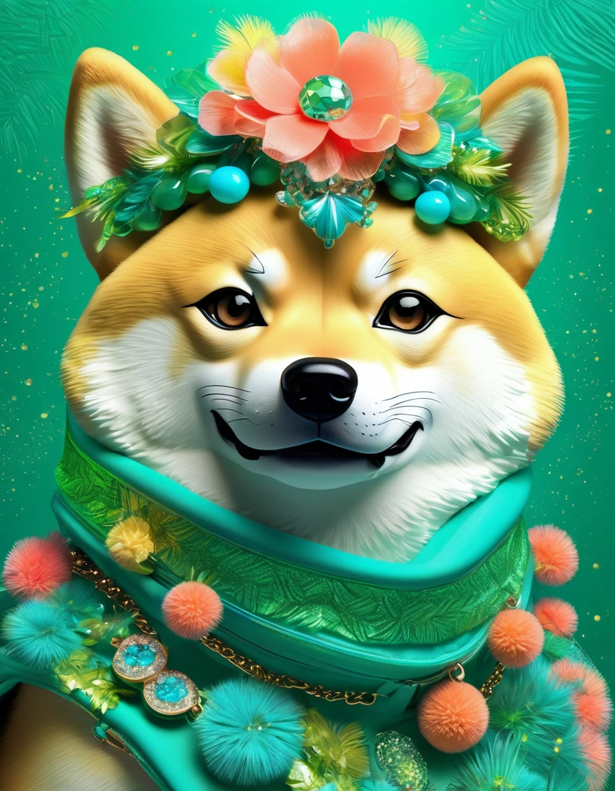 Imaginative illustration of a furry Shiba Inu character, Features tropical color theme，An anthropomorphic character inspired by the concept of sparkledogs，Energetic, flamboyant, Accessorize with dazzling accessories，Their expressions are vivid，striking, Their luxurious fur gleams，Absorbing the warmth of the invisible sun，Shiba Inu dyed neon green, Dark turquoise, and bright coral, Embodying the vibrancy of a tropical paradise，Their fur is dotted with tiny sparkling sequins, Suggesting the sun&#39;s reflection on the waves，Their paws gently hold a fresh coconut，Further strengthening the tropical theme.