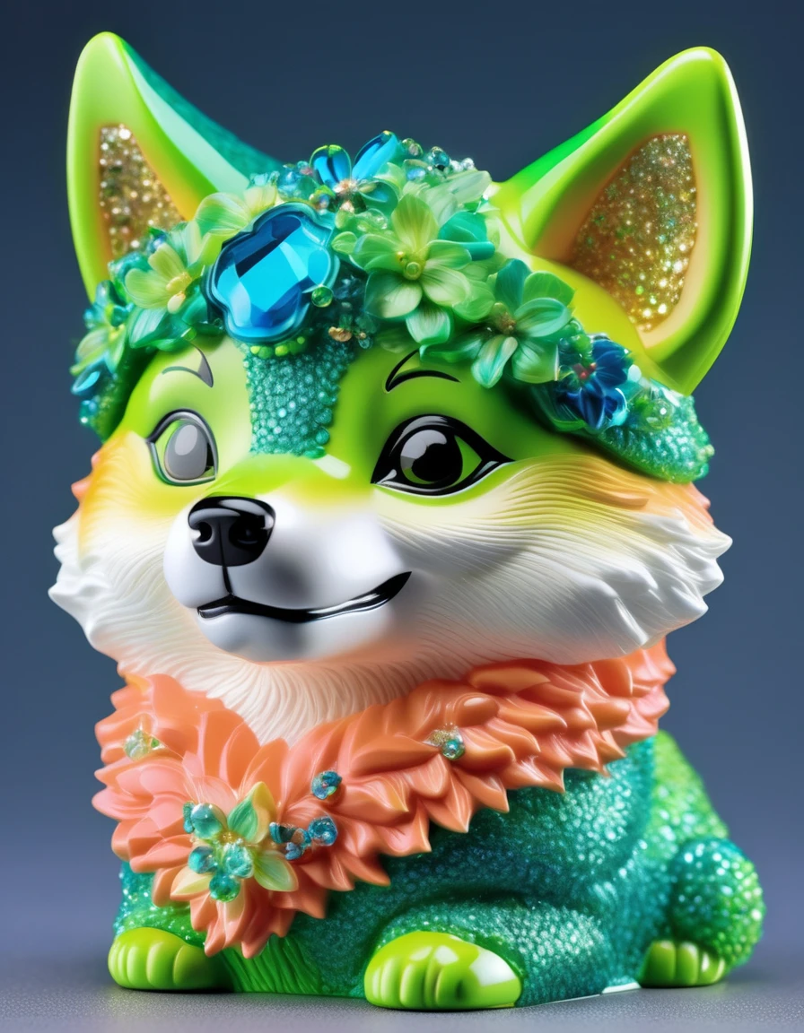 Imaginative illustration of a furry Shiba Inu character, Features tropical color theme,An anthropomorphic character inspired by the concept of sparkledogs,Energetic, flamboyant, Accessorize with dazzling accessories,Their expressions are vivid,striking, Their luxurious fur gleams,Absorbing the warmth of the invisible sun,Shiba Inu dyed neon green, Dark turquoise, and bright coral, Embodying the vibrancy of a tropical paradise,Their fur is dotted with tiny sparkling sequins, Suggesting the sun's reflection on the waves,Their paws gently hold a fresh coconut,Further strengthening the tropical theme.