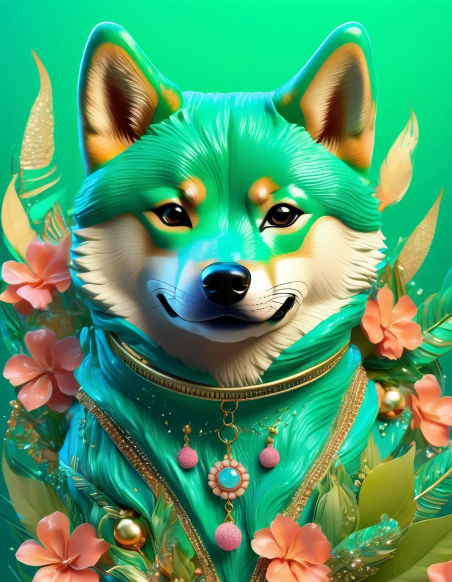 Imaginative illustration of a furry Shiba Inu character, Features tropical color theme，An anthropomorphic character inspired by the concept of sparkledogs，Energetic, flamboyant, Accessorize with dazzling accessories，Their expressions are vivid，striking, Their luxurious fur gleams，Absorbing the warmth of the invisible sun，Shiba Inu dyed neon green, Dark turquoise, and bright coral, Embodying the vibrancy of a tropical paradise，Their fur is dotted with tiny sparkling sequins, Suggesting the sun&#39;s reflection on the waves，Their paws gently hold a fresh coconut，Further strengthening the tropical theme.