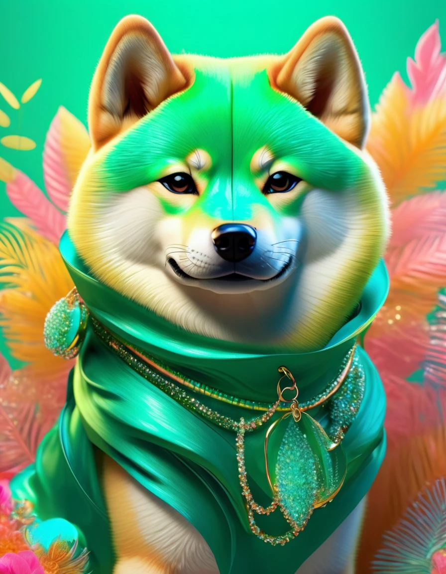 Imaginative illustration of a furry Shiba Inu character, Features tropical color theme，An anthropomorphic character inspired by the concept of sparkledogs，Energetic, flamboyant, Accessorize with dazzling accessories，Their expressions are vivid，striking, Their luxurious fur gleams，Absorbing the warmth of the invisible sun，Shiba Inu dyed neon green, Dark turquoise, and bright coral, Embodying the vibrancy of a tropical paradise，Their fur is dotted with tiny sparkling sequins, Suggesting the sun&#39;s reflection on the waves，Their paws gently hold a fresh coconut，Further strengthening the tropical theme.