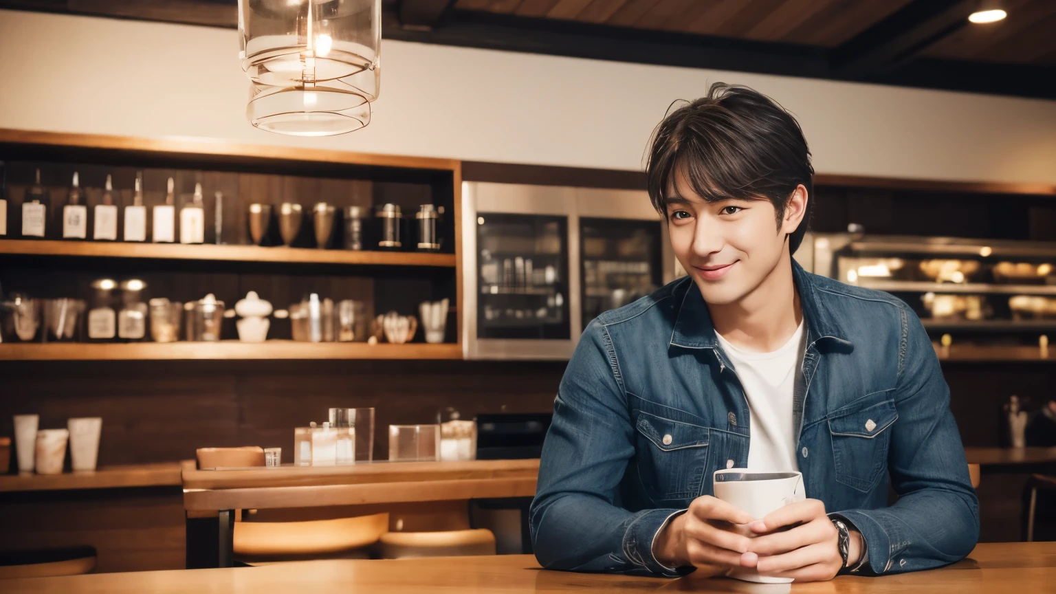 musician、A refreshing, handsome man in his 40s、（Super cool S-class guy）、Japanese Male, 40 years old、、Photographed inside the cafe、a handsome guy、（CG Unity 8K high resolution photo）、（Very detailedＳクラスのa handsome guy性）、（Realistic）、（highest quality））、Very detailed、super high quality、expensive、audience、kind person、Very beautiful hair　Perm Hair、Bright photo、Handsome like a model、Handsome like an idol、Looking at the camera、inside a stylish cafe、Stubble