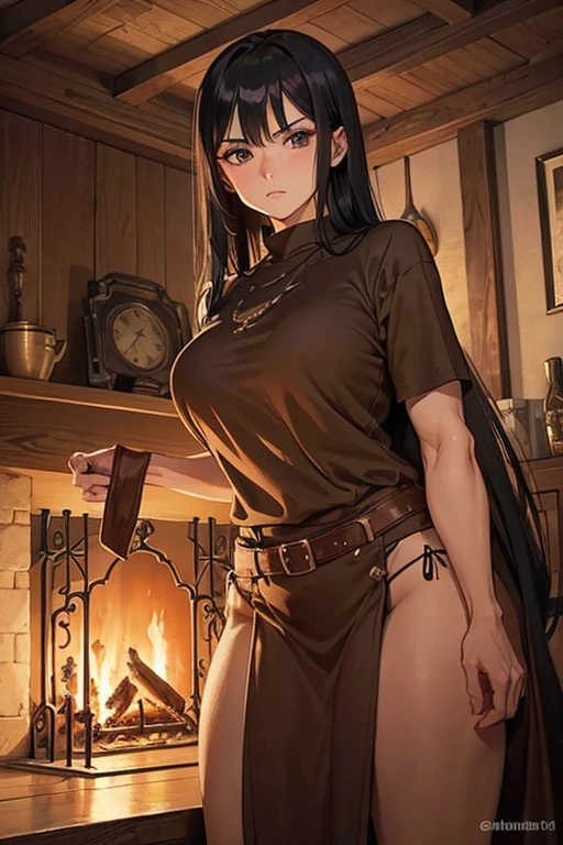 Close up, fantasy world, wooden room, fireplace, adult woman, judgemental expression, tough look, long black hair, brown eyes, muscular arms, thick brown cloth clothes, belt