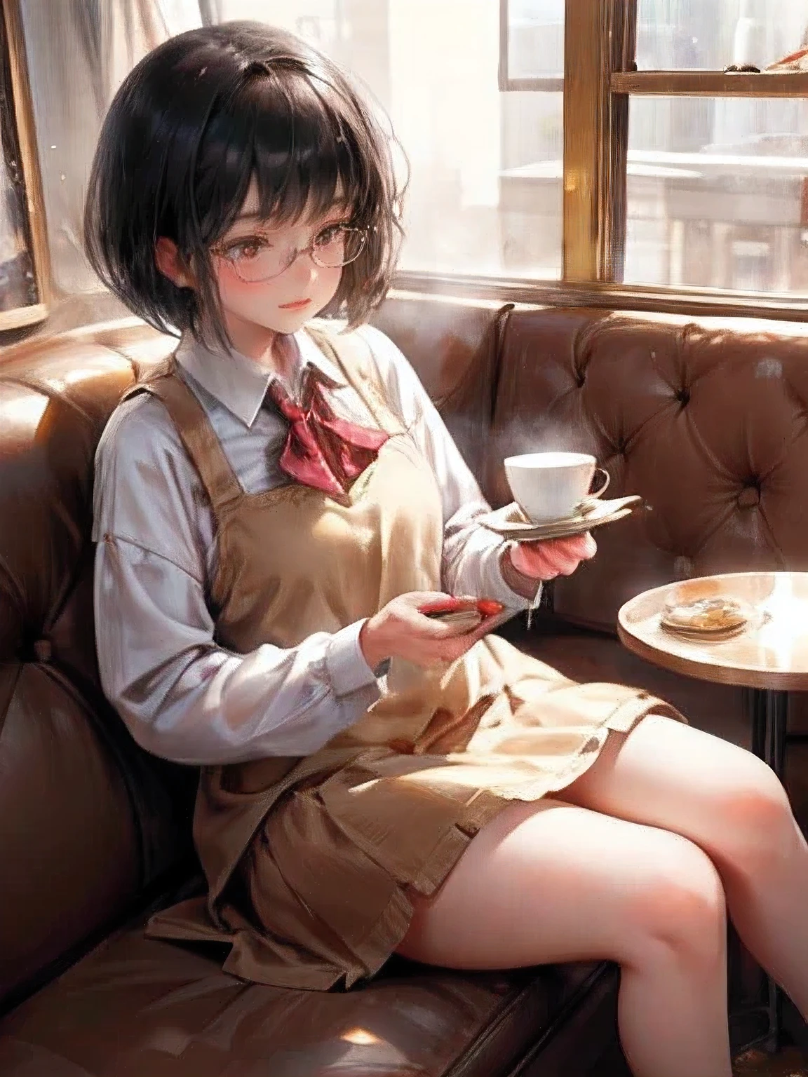 cute school girl, shiny jet black hair:1.2, very short straight hair, blunt bangs, bob cut, black stocking, round glasses, Delighting in a cake at a cozy cafe, (best quality,4k,8k,highres,masterpiece:1.2),ultra-detailed,(realistic,photorealistic,photo-realistic:1.37), fresh aroma],[pastry, mouthwatering taste],[cafe ambience, soothing background music],[sunlit window], [barista crafting latte art], [gleaming silverware],[happy faces around], [warm, inviting atmosphere], [beautifully decorated desserts], [delectable cake options], [mouthwatering icing], [fluffy and moist texture], [pastel-colored macarons], [chocolate shavings], [gourmet coffee], [tea selection], [friendly staff], [cozy seating arrangements], [artful presentation], [delectable indulgence], [tempting dessert display], [scrumptious pastries], [joyful celebrations],[cozy banquette], [whisking cream], [crunchy biscuit base], [layered goodness], [playful cake decorations], [refined delicacy], [resplendent cake display], [sweet symphony of flavors], [relaxed chatter], [sublime pleasure].
