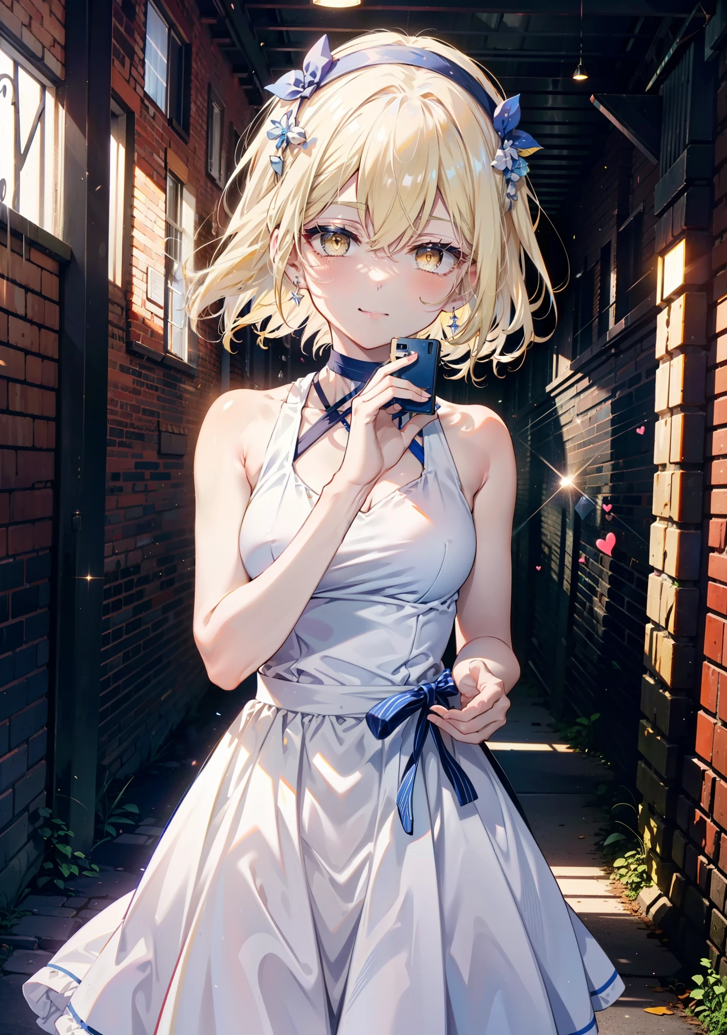 アイスWallenstein, Wallenstein, blonde, Hair between the eyes, hair band, Long Hair, (Yellow Eyes:1.5),happy smile, smile, Close your mouth,smile,blush,White sleeveless dress,Bare arms,Bare neck,Heart Pendant,Long skirt,Cute Sandals,Clear skies,歩いてるbreak looking at viewer,(Cowboy Shot:1. 5) break outdoors,Building district,In town, break (masterpiece:1.2), highest quality, High resolution, unity 8k wallpaper, (shape:0.8), (Beautiful and beautiful eyes:1.6), Highly detailed face, Perfect lighting, Highly detailed CG, (Perfect hands, Perfect Anatomy),