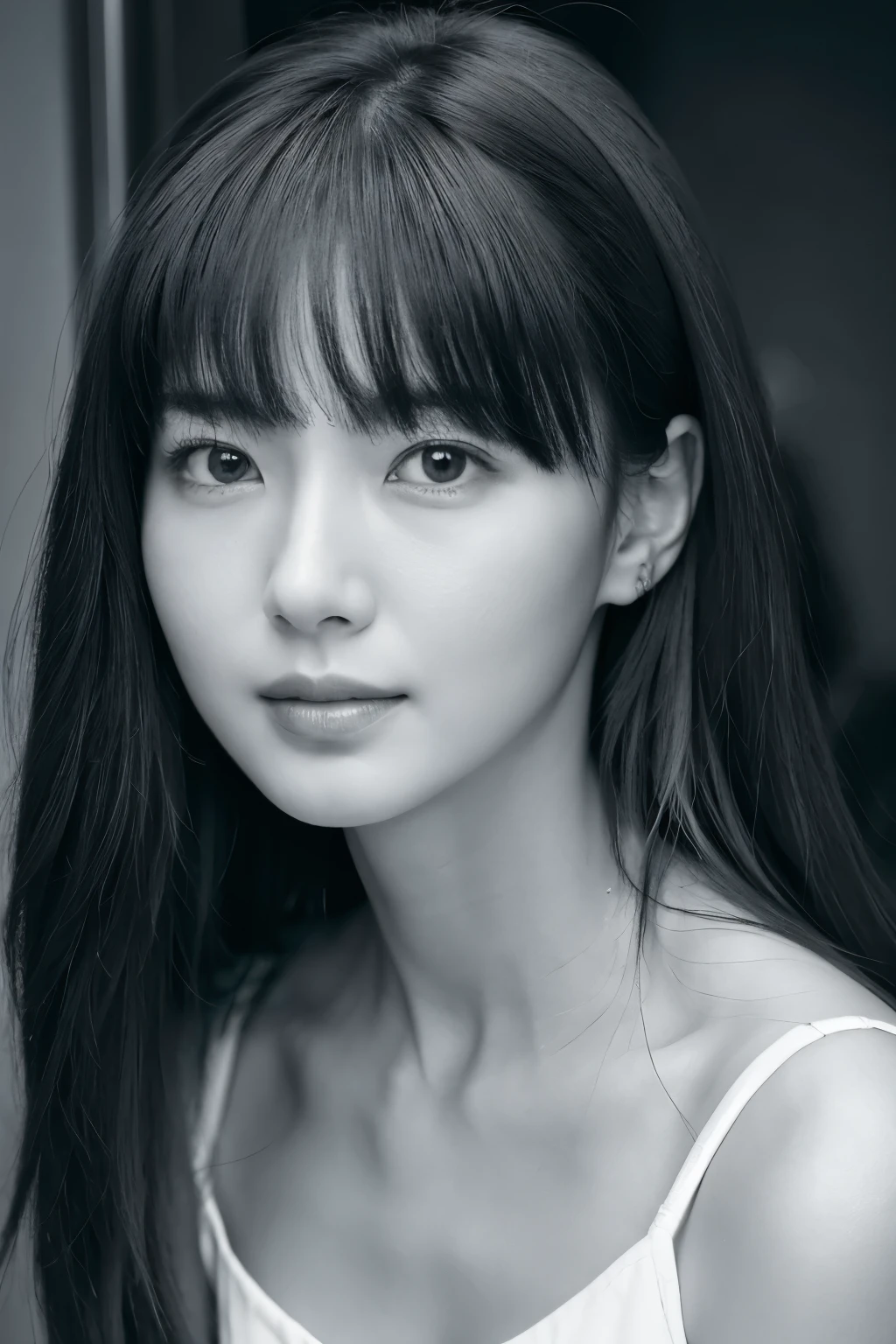 masterpiece, highest quality, Photoreal, Super detailed, High resolution, 8K wallpaper, ((monochrome photography)), 1 girl, Skinny Japanese woman, (((facing the front))), ((Only the lips are in red)), (monochrome photography), brown hair, detailed clavicle, perfect face, straight hair, ((look straight at the camera))