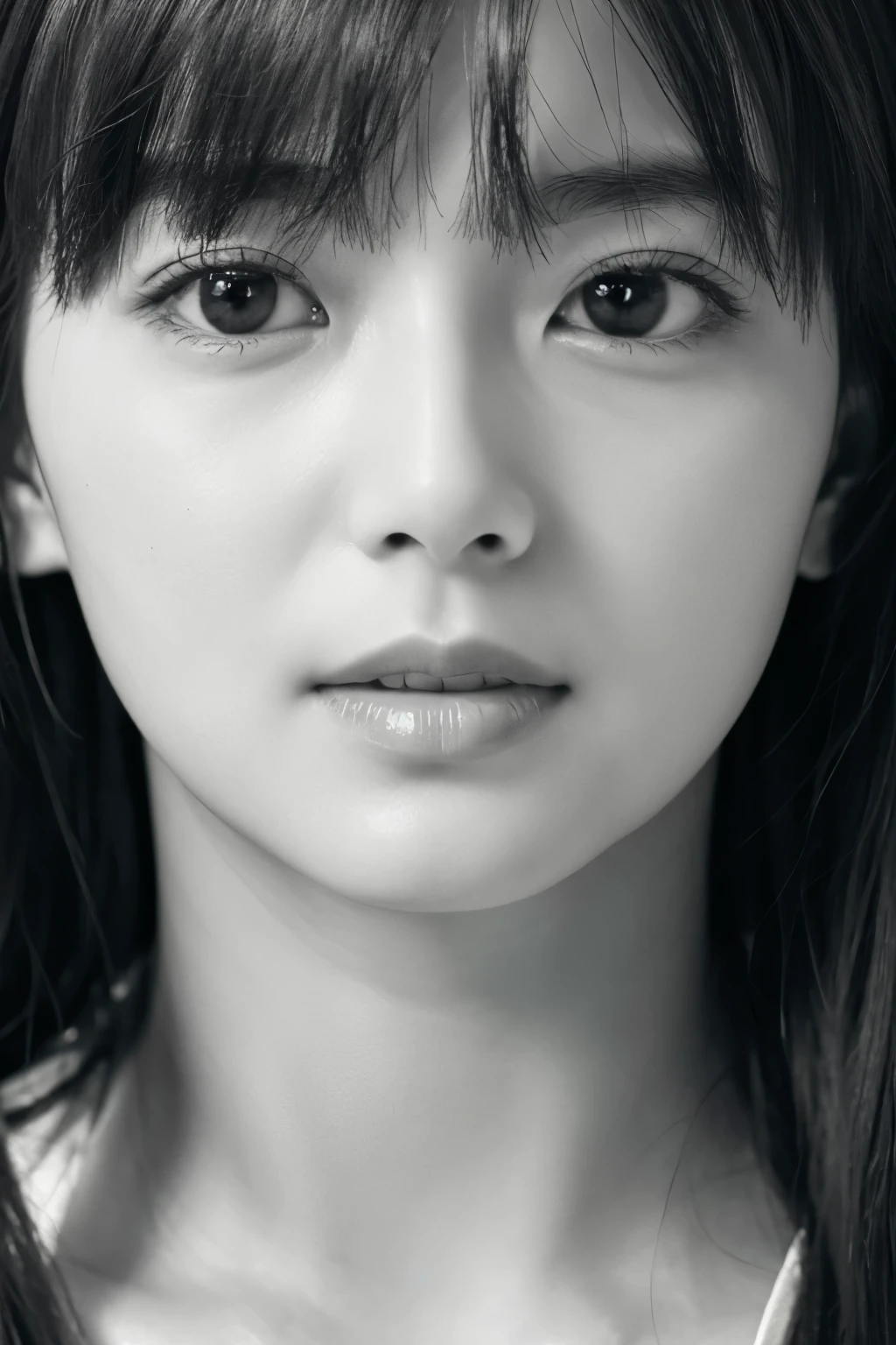 masterpiece, highest quality, Photoreal, Super detailed, High resolution, 8K wallpaper, ((monochrome photography)), 1 girl, Skinny Japanese woman, (((facing the front))), ((Only the lips are in red)), (monochrome photography), brown hair, detailed clavicle, perfect face, straight hair, ((look straight at the camera))