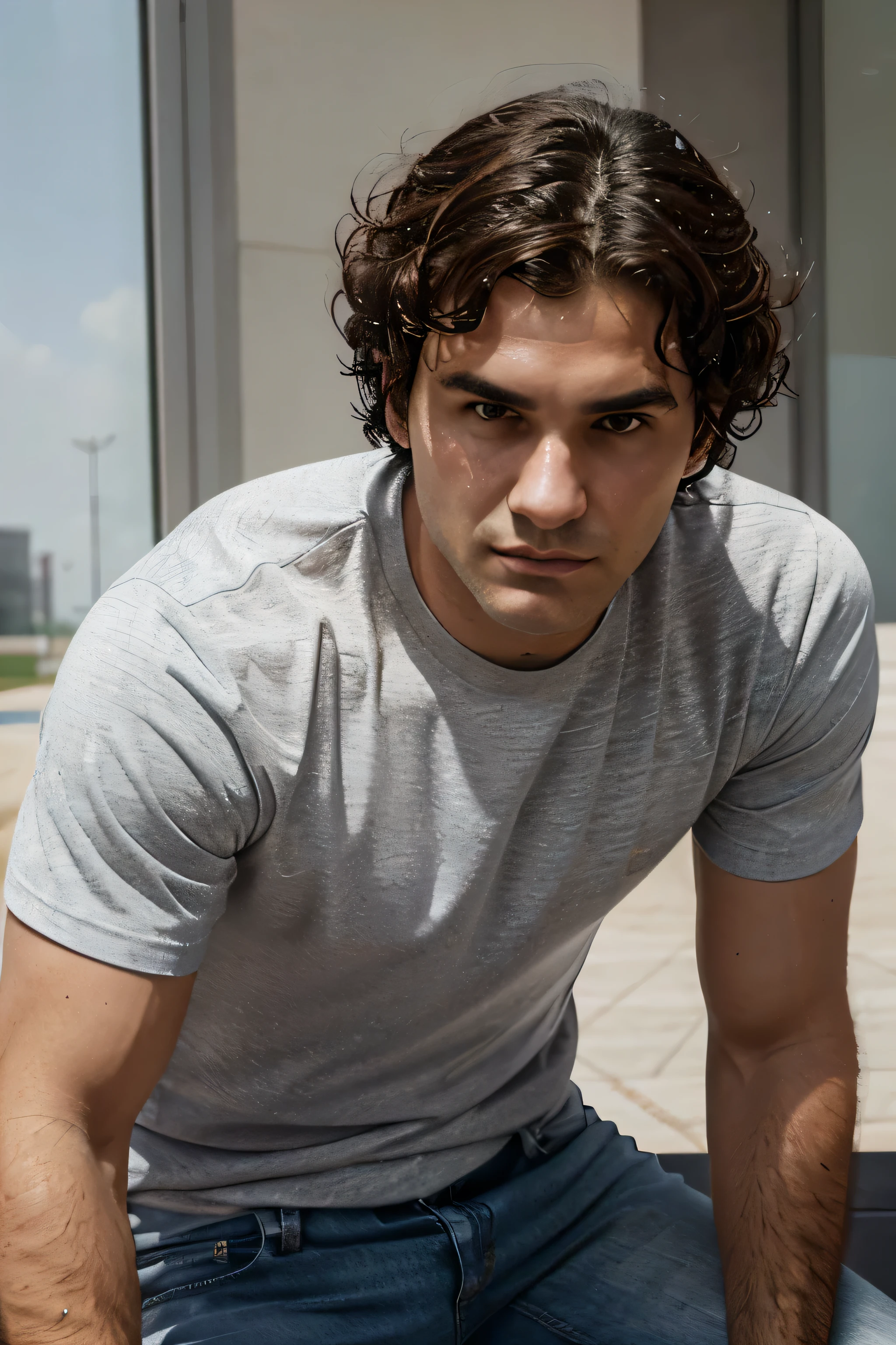 Man with medium curly hair, white skin, gray eyes, defined and athletic body, jeans and T-Shirt, resembles Roger Federer, look forward, confident, close up