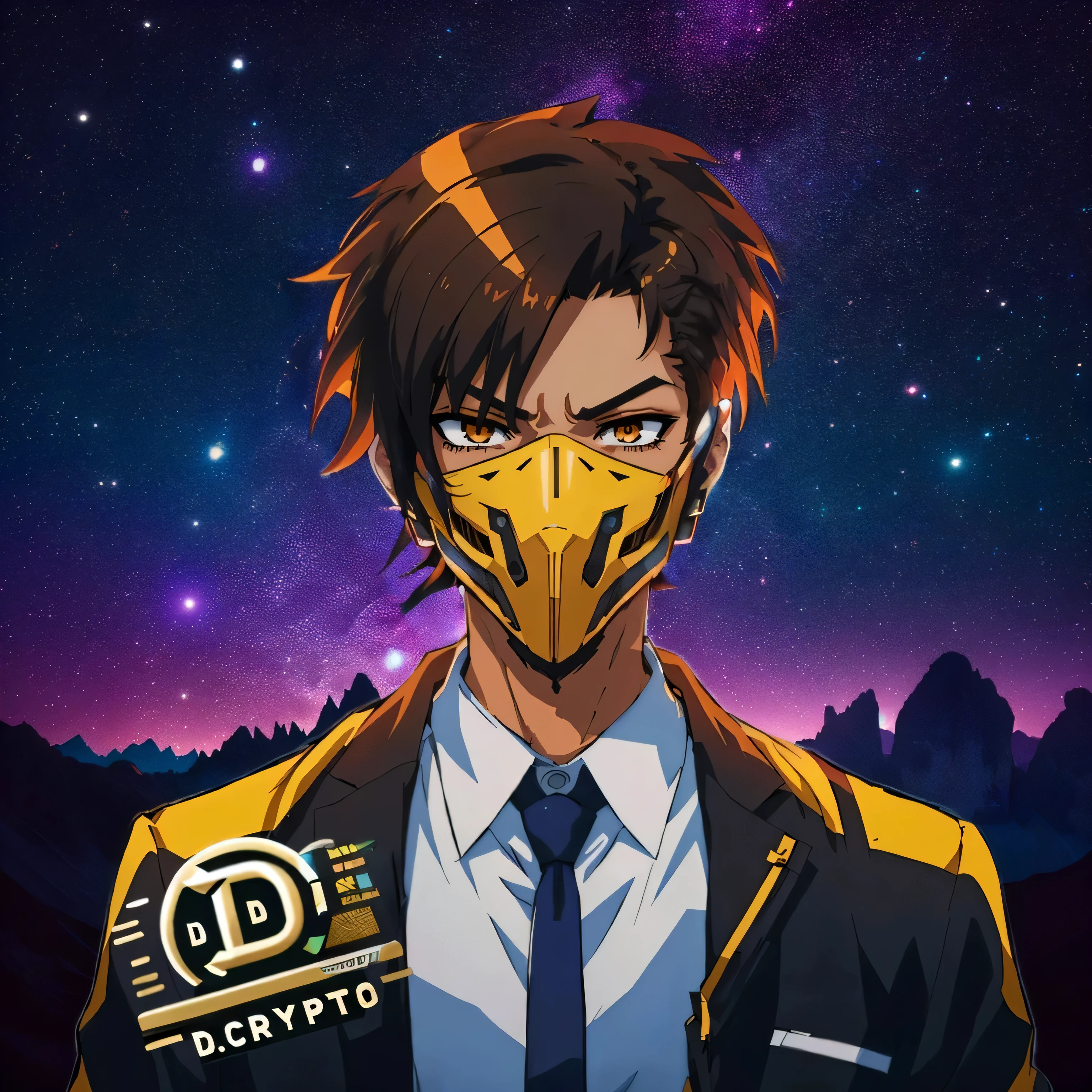 arafed image of a man in a suit and tie with a yellow mask, digital cyberpunk anime!!, cryptopunk, cryptopunk with pit vipers, modern cyberpunk anime, digital cyberpunk anime art, digital cyberpunk - anime art, official fanart, anime cover, trigger anime artstyle, epic anime style, cyber universe style, satoshi, anime style character, avatar image