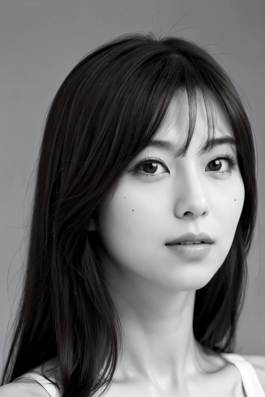 masterpiece, highest quality, Photoreal, Super detailed, High resolution, 8K wallpaper, ((monochrome photography)), 1 girl, Skinny Japanese woman, (((facing the front))), ((Only the lips are in red)), (monochrome photography), brown hair, detailed clavicle, perfect face, straight hair, ((look straight at the camera))