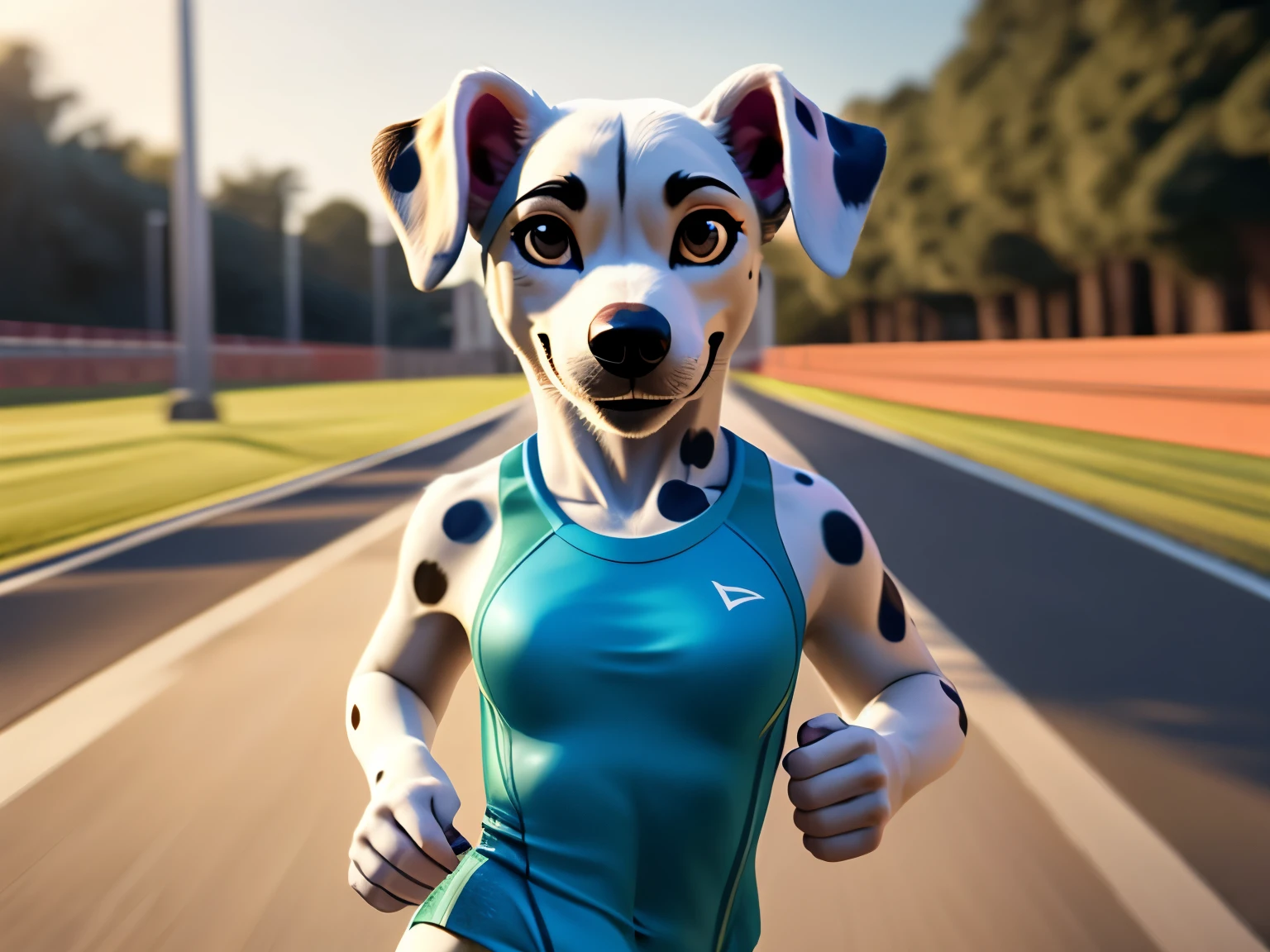 portrait, full body portrait, Cinematic, realism, film style, Beautiful, Sharp Focus, epic, looking at the camera, female dalmatian dog, anthro femaledog, running outfits, sportist, walking to the viewer, smilling, cute face
