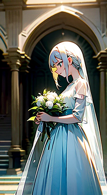 realisticamente,(obra-prima,Quoridade superior,qualidade ideal,arte oficial,Beauty and Aesthetics:1.2),The is very detailed,uma garota,usando um vestido de noiva branco,cabelo enrolado,White hands holding bouquets,Facing the public,the right proportions,fundo simples